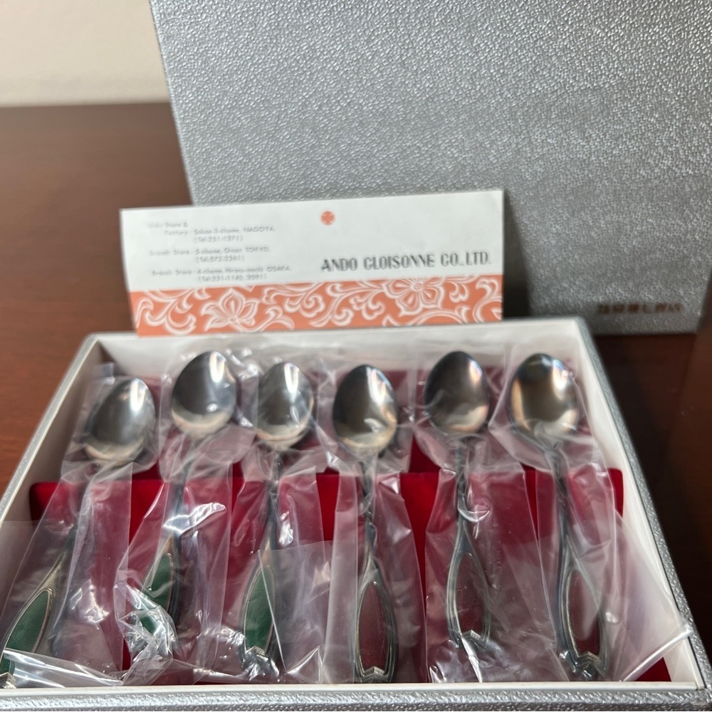 Ando Cloisonné Inlaid Demitasse Spoons Set/6 Nickel Silver Japanese Vintage